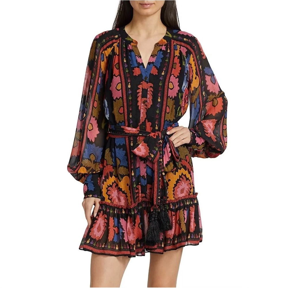 Farm Rio Flowers Tapestry Belted Shift Mini Dress In Black Floral Print - Size S
